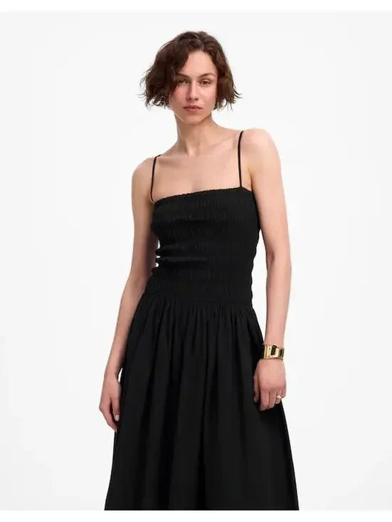 Madewell Black Smocked Bodice Midi Dress Spaghetti Straps - Picture 7 of 10